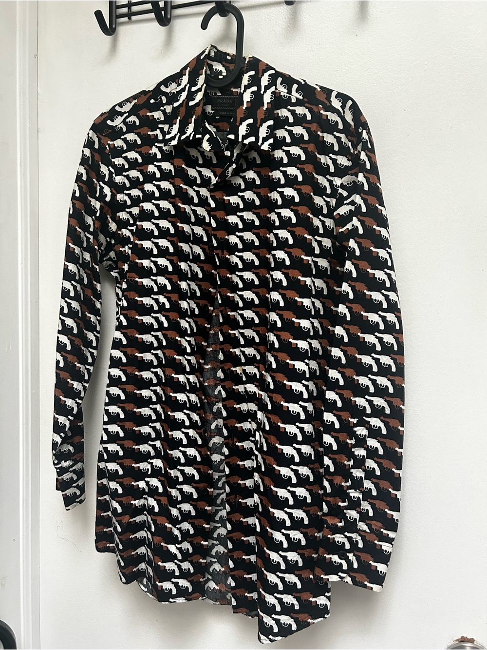 Prada Black Button-Down Shirt with White and Brown Gun Print